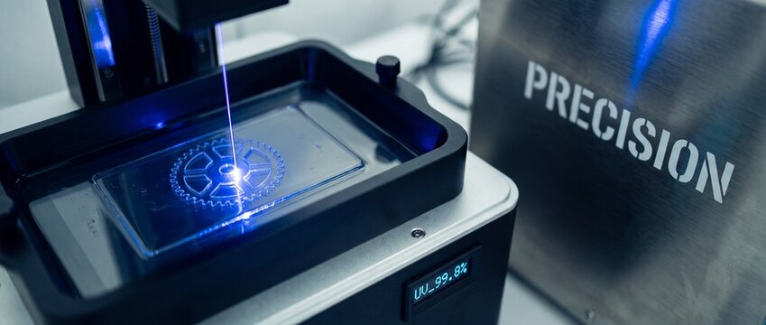 Resin 3D printer laser curing a precision gear in liquid photopolymer tank inside industrial laboratory showcasing modern high-tech additive manufacturing and digital prototyping engineering processes