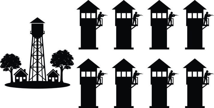 Security Watchtower and Guard Post Silhouette Collection with Surveillance Protection and Border Control Icons