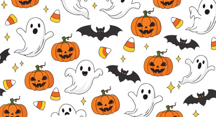 Fototapeta premium Seamless Pattern Featuring Smiling Orange Pumpkins Friendly White Ghosts Flying Black Bats Candy Corn and Tiny Stars on White Background