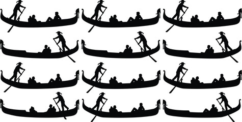 Traditional Gondola Boat Silhouette Collection with Rowing Passengers Water Transportation and Tourism Icons © MSTRUMANA