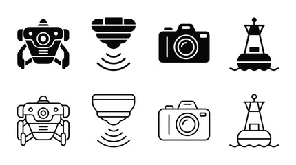 Set of marine and underwater equipment icons, including underwater drone, sonar sensor, camera, and navigation buoy © Hikari Vector Studio