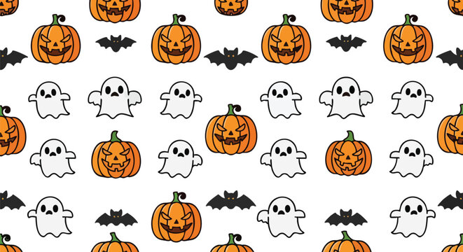 Symmetrical Halloween Pattern Featuring Smiling Jack O Lanterns Tiny Ghosts and Flying Bats on Clean White Background