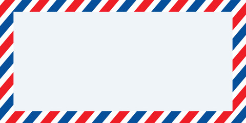 Fototapeta premium Airmail envelope frame with blue and red stripes on white background. International vintage letter border. Retro air mail postcard. Blank envelope.