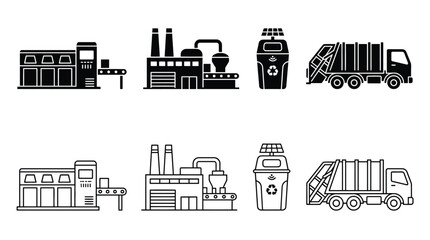 Fototapeta premium Set of industrial and waste management icons, including factory buildings, solarpowered recycling bin, and garbage truck, vector illustration