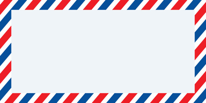 Airmail envelope frame with blue and red stripes on white background. International vintage letter border. Retro air mail postcard. Blank envelope.