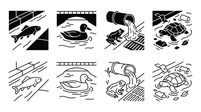 Set of icons with animals in water and urban pollution, vector illustration