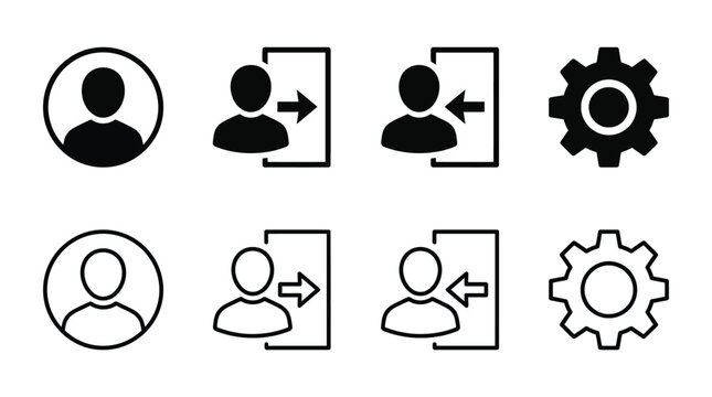 Set of user profile, login, logout and settings icons vector illustration of user account, sign in, sign out and gear symbols