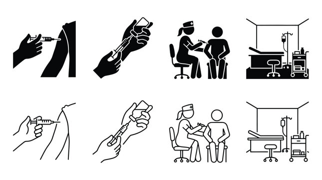 Set of vaccination icons, medical injection, syringe, nurse giving a shot to a patient, hospital room, vector illustration
