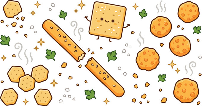Cute cracker biscuit vector doodle illustration set featuring cartoon snack characters breadsticks salty cookies crumbs and savory herb food icons collection