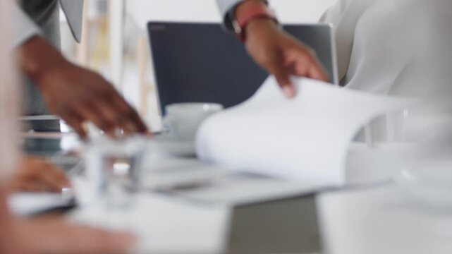 Documents, real estate and business people in meeting for property investment, planning and funding. Teamwork, realtor agency and workers with paperwork for listing, development and auction proposal