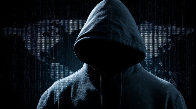 A mysterious hooded figure stands in front of a digital world map at night