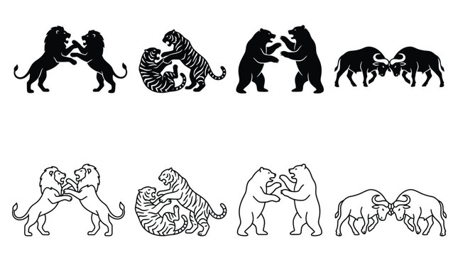 Set of wild animals fighting, lions, tigers, bears and buffaloes, vector illustration