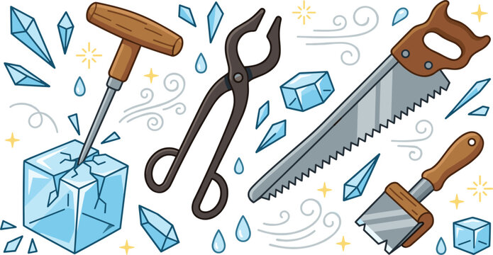 Ice sculpting and carving tools vector doodle illustration set featuring winter craft equipment icons like ice pick saw tongs and chisel elements