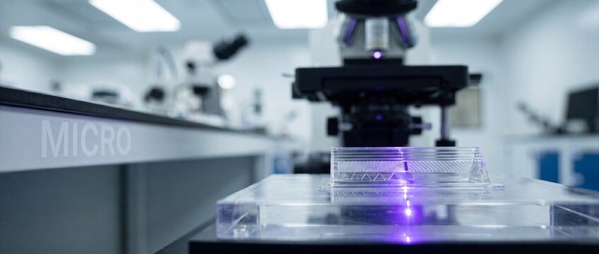 Microfluidic lab chip laser research in modern bio laboratory. High-tech biotechnology device with purple light beam, clean room workspace, scientific development equipment, and nanotechnology testing