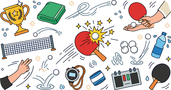 Table tennis and ping pong vector doodle illustration set featuring sports equipment icons like paddles balls net trophy scoreboard and stopwatch elements