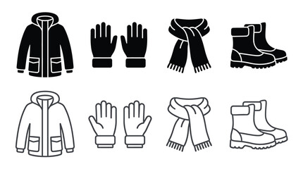 Winter clothing icons set vector illustration of warm clothes including jacket, gloves, scarf and boots in solid and outline style © Hikari Vector Studio