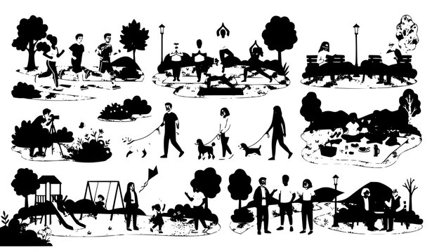 Outdoor recreation vector characters enjoying activities in public park