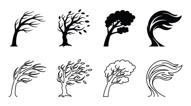 Set of windblown trees and abstract wind icons, black and white vector illustrations
