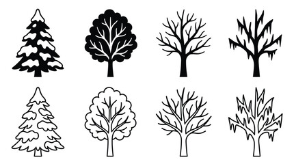 Set of winter and autumn trees, black silhouettes and outline icons collection of coniferous, deciduous, bare and snowy trees © Hikari Vector Studio