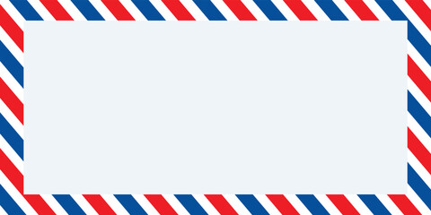 Fototapeta premium Airmail envelope frame with blue and red stripes on white background. International vintage letter border. Retro air mail postcard. Blank envelope.