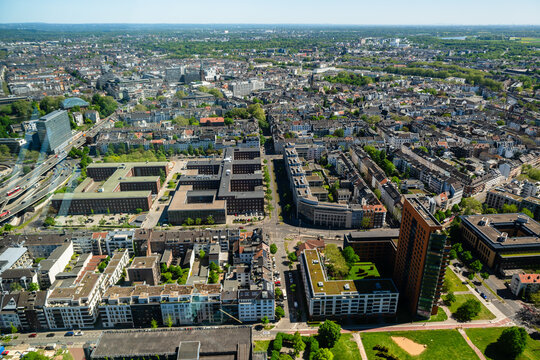 German city of Dusseldorf from above. Amazing panoramic view from tower.