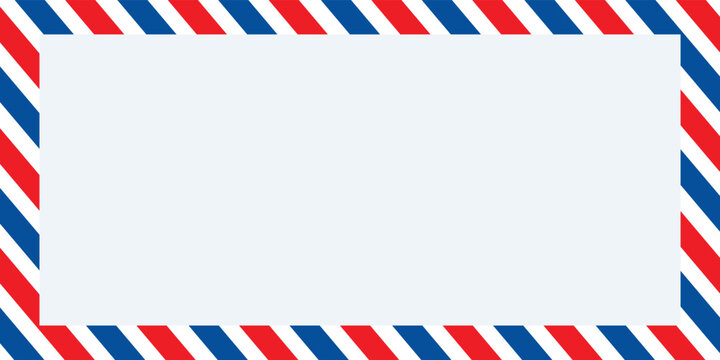 Airmail envelope frame with blue and red stripes on white background. International vintage letter border. Retro air mail postcard. Blank envelope.