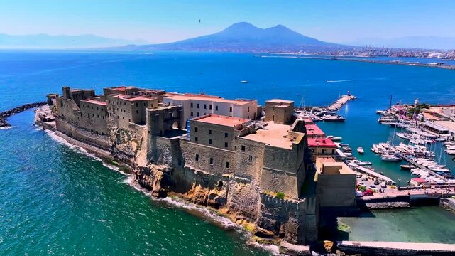 An aerial view of the historic castel dell'ovo fortress situated on the naples waterfront in italy