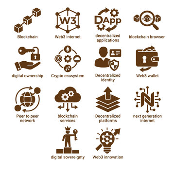 Decentralized Applications Icon Set Flat Vector Illustration On Beige Background