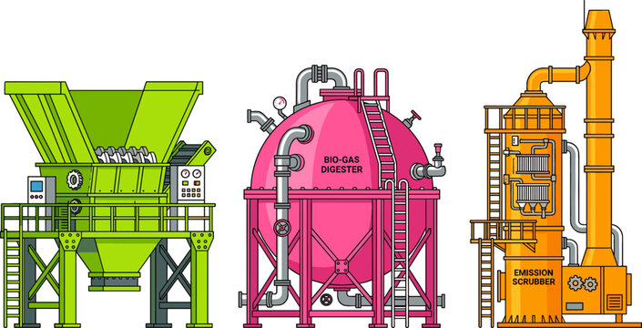 Industrial Green Energy Machinery Vector Set Featuring Waste Shredder Pink Bio Gas Digester Tank and Orange Emission Scrubber for Renewable Power Plant Concepts