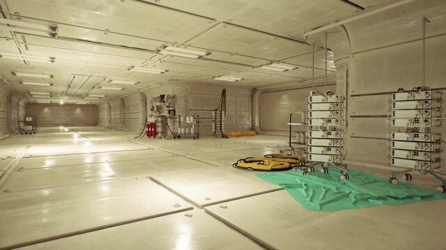 empty space station maintenance bay with charging drone and reflective panels, industrial lighting, fire extinguishers, utility racks, tidy floor, calm