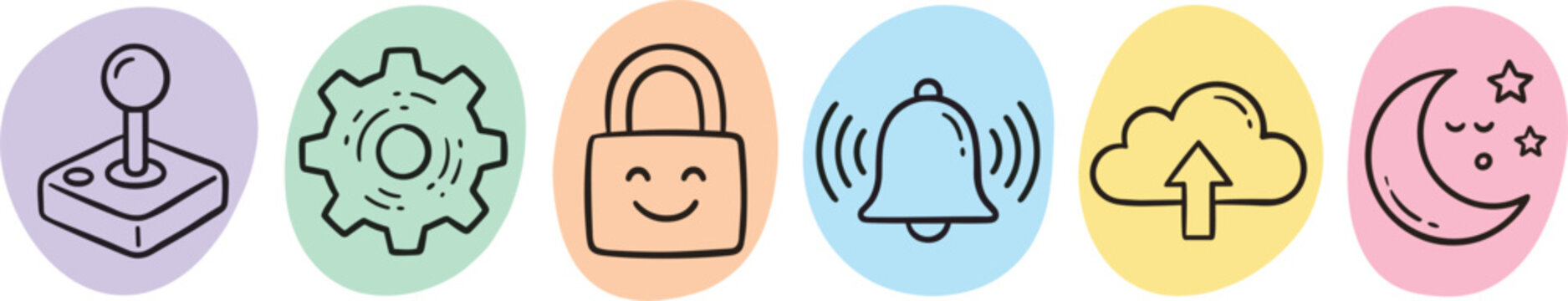  Vector collection of cute hand drawn user interface icons featuring joystick gear padlock bell cloud upload and moon shapes isolated on white background