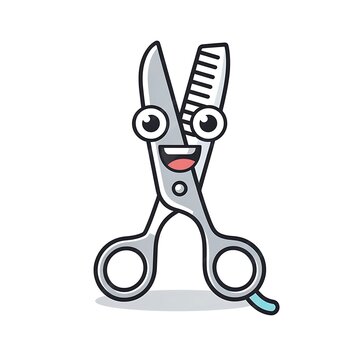 Cute cartoon illustration of a smiling rabbit with scissors in flat vector style.