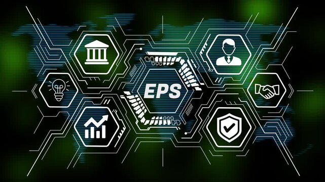 EPS concept featuring business strategy, innovation, technology, data analysis, teamwork, and growth icons. 4k animation video world map  digital background 