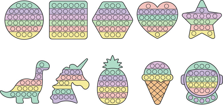 Vector collection of colorful pastel pop it sensory bubble fidget toys featuring geometric forms unicorn dinosaur pineapple and ice cream shapes isolated on white background