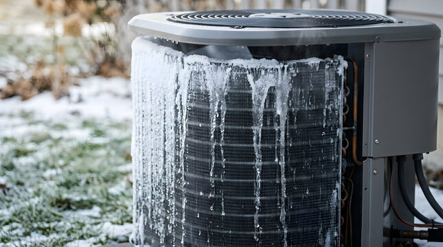 Frozen Outdoor Air Conditioner Unit Covered in Ice and Icicles | Winter HVAC Maintenance and System Repair Concept | Heating and Cooling Failure in Cold Weather | Home Climate Control Problem