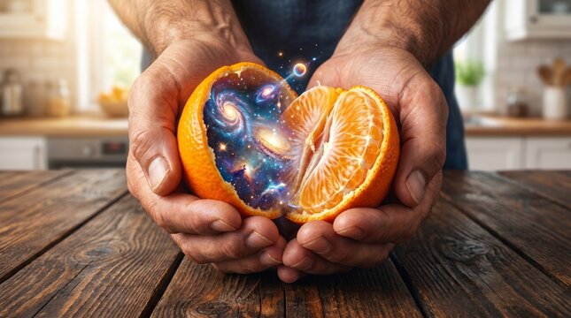 Surreal Miniature Scene of Hands holding an orange that has been peeled open to reveal a glowing