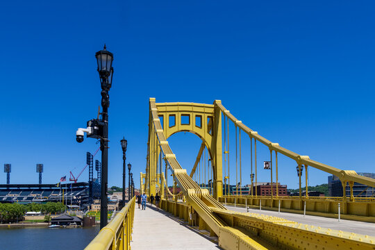 The Roberto Clemente bridge in downtown Pittsburgh Pennsylvania USA