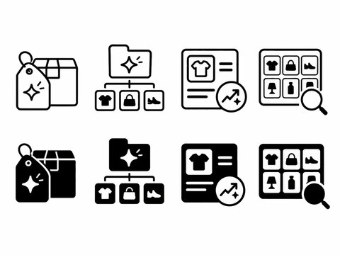 E-commerce icons featuring tags, boxes, charts, and product displays