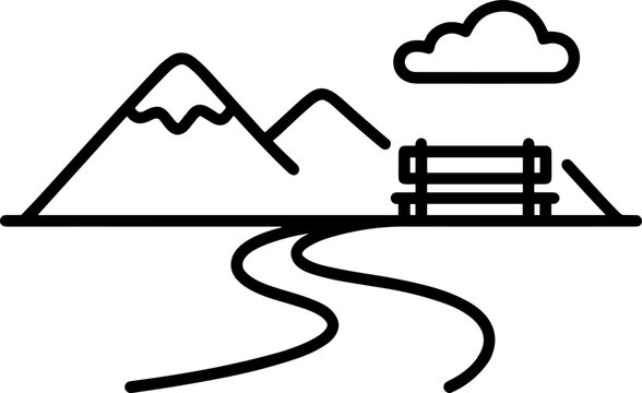 Minimalist mountain landscape with winding path and park bench, cloud overhead.