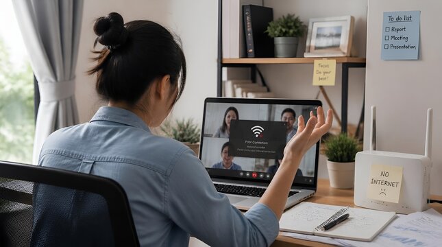Woman at desk frustrated by no internet connection on laptop