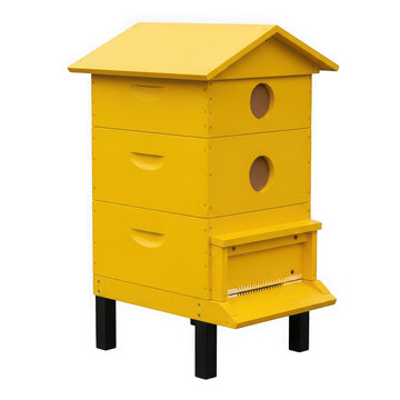 Langstroth beehive on stand made of yellow painted wood with three boxes.