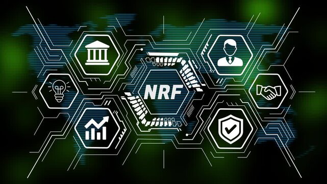 NRF concept featuring business strategy, innovation, technology, data analysis, teamwork, and growth icons. 4k animation video world map  digital background 