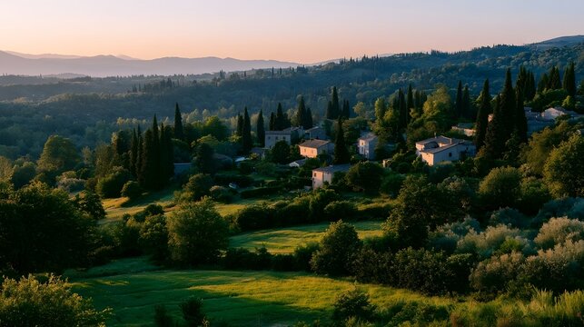A tranquil rural village nestled among rolling hills is bathed in the warm crisp light of the evening