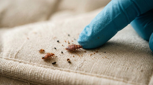 Macro view of bed bug infestation on mattress being examined by professional pest control specialist wearing blue disposable gloves to identify common indoor parasitic insect health pests.