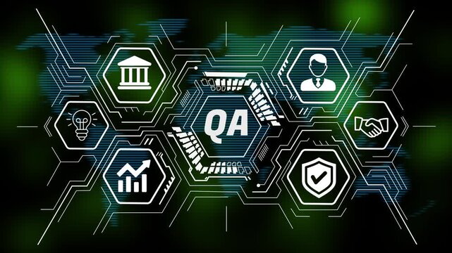 QA concept featuring business strategy, innovation, technology, data analysis, teamwork, and growth icons. 4k animation video world map  digital background 
