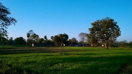 Fototapeta premium A serene rural landscape featuring trees and open fields under a beautiful crisp sky