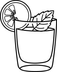 Line art of a refreshing drink with lemon slice and mint leaves in a glass. © dinny