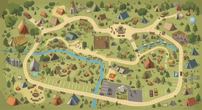 Isometric camping map vector illustration, campsite layout with tents and campfires, outdoor recreation park plan with forest and river