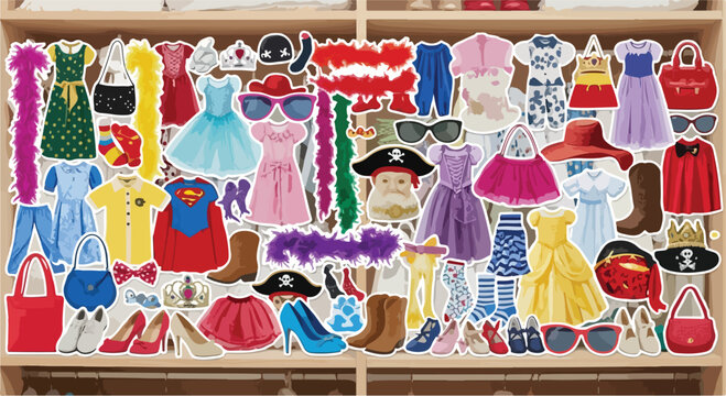 Colorful children's dress up costume collection, variety of pretend play clothes and accessories, kids role play apparel vector set