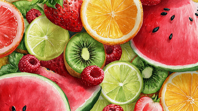 Watercolor illustration of refreshing summer fruits in full frame composition, dense overlapping watermelon, citrus, berries and kiwi with vibrant juicy summer tones.